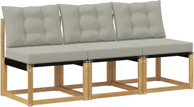vidaXL 3er Set Outdoor Mittelsofa aus Akazienholz in Weiß-Hellgrau mit UV-beständigen Polstern und Textilene-Stoff - Bild 1