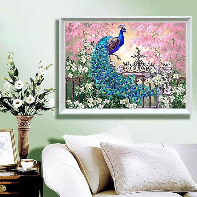 FIYO Diamant-Stickerei Set mit Pfau und Blumen Motiv in Mehrfarbig, B/H: 30 x 20 cm - Bild 1