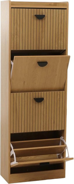 Schuhschrank MCW O39 mit 4 Klappfächern in Braun, Lamellen-Design aus MDF, Melamin und Metall, H x B x T: 147 x 50 x 24 cm - Bild 2