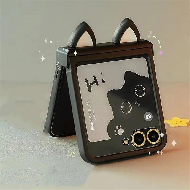 Handyhülle mit Katzenohren und Scharnierschutz für Samsung Galaxy Z Flip 7 6 5 4 oder Motorola Razr 50 40 70 Ultra in Schwarz - Bild 1