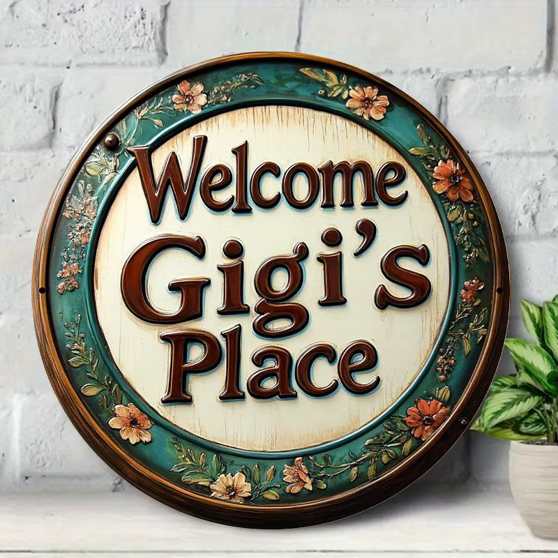 Rundes Aluminiumschild Potdemiel Welcome to Gigi's Place mit floralem Blumenmuster in Cyan und Braun, Wandkunst aus Metall, Durchmesser: 20 cm - Bild 5