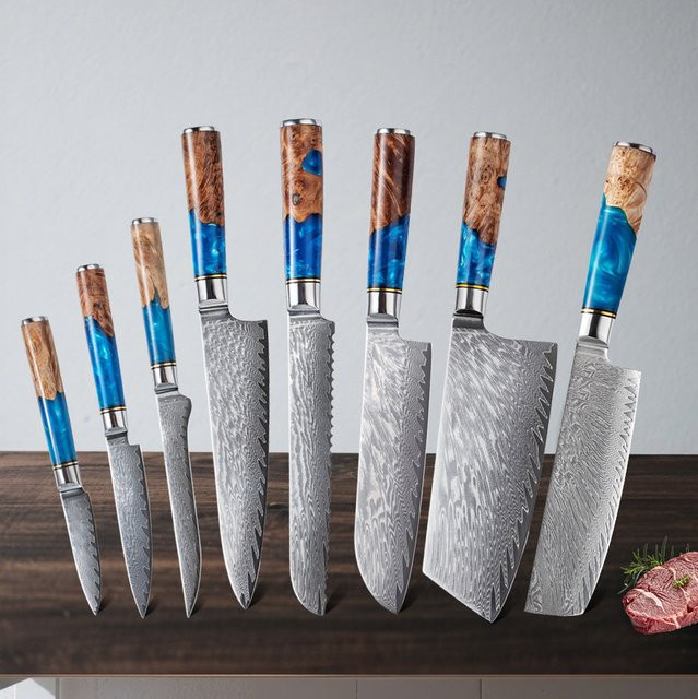 Baovim Profi Küchenmesserset aus Damaststahl mit blauem Harz-Holzgriff, 1–8 Stück Set zum Schneiden von Fleisch, Sushi und zum Schälen - Bild 1