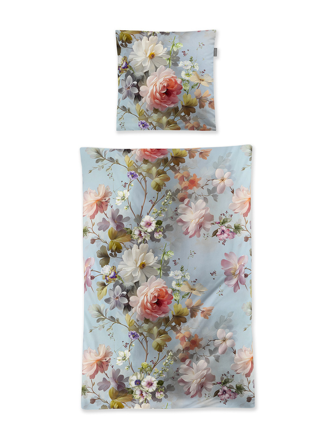 Irisette Wave Mako-Satin Bettwäsche Rosen Romantik in Hellblau und Rosa mit floralem Design, B/H: 155 x 220 cm und 80 x 80 cm - Bild 1