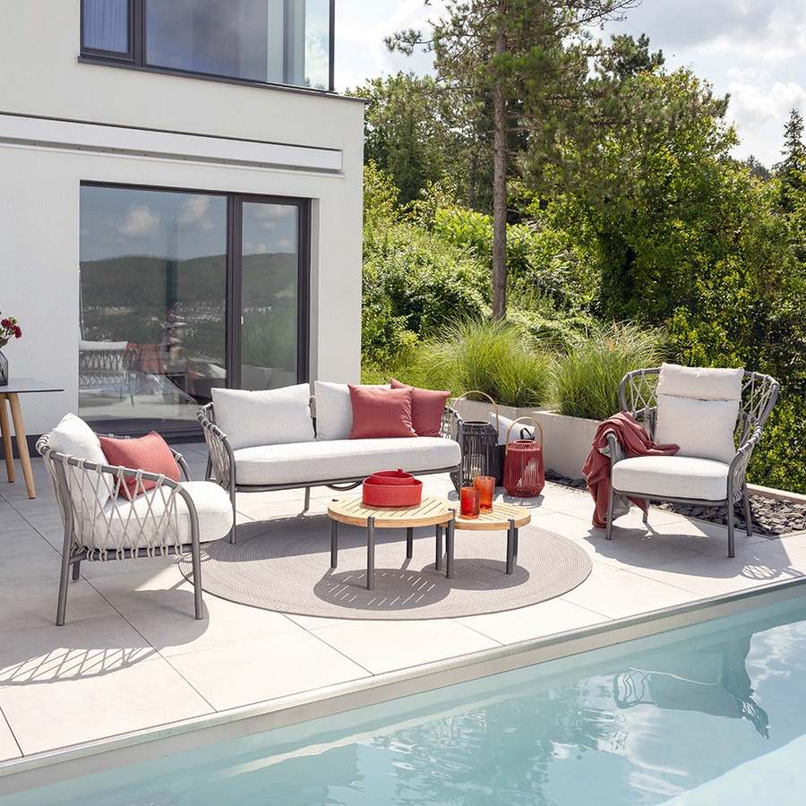 Stern Sessel Klea Lounge aus Aluminium in Anthrazit mit Kordel Stone und perlgrauem Polyacryl-Kissenset - Bild 2