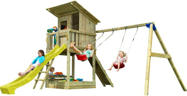 Spielturmking Spielturm BEACH HUT, mit Rutsche, Kletterrampe, Doppelschaukel, Gelb - Bild 1