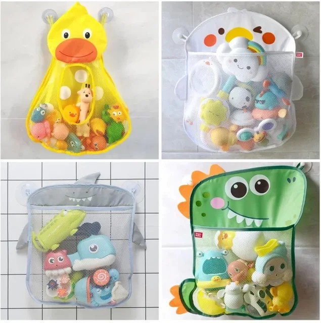 Vvocci Baby Badezimmer Organizer mit Saugnapf für Spielzeug, Weiße Netz-Aufbewahrungstasche für Enten und Frösche - Bild 1