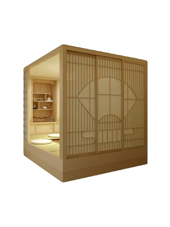 Japanischer Tatami-Bett-Kleiderschrank mit integriertem Tatami-System in Beige mit Schiebetüren und internen Regalen - Bild 2