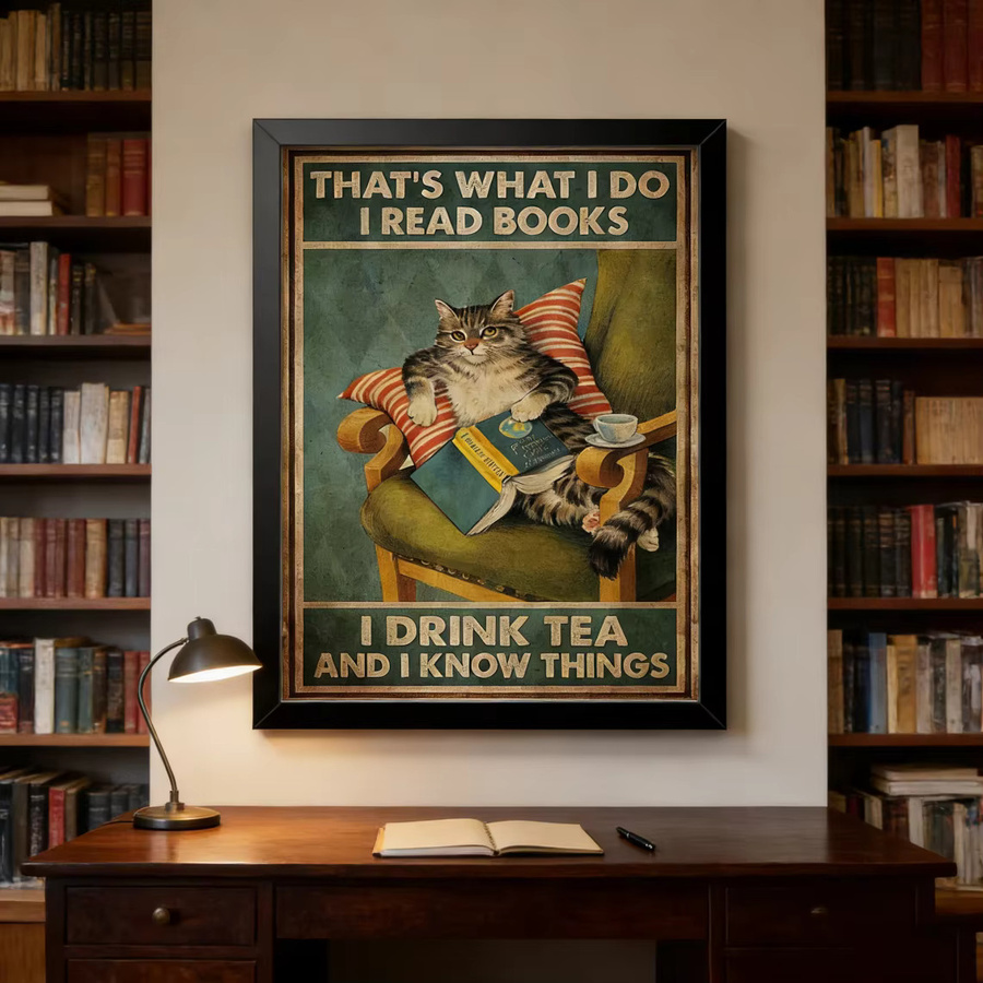 Vintage Posterdruck SHENCHEN Katze I Read Books and Drink Tea Wandkunst in Mehrfarbig - Bild 3