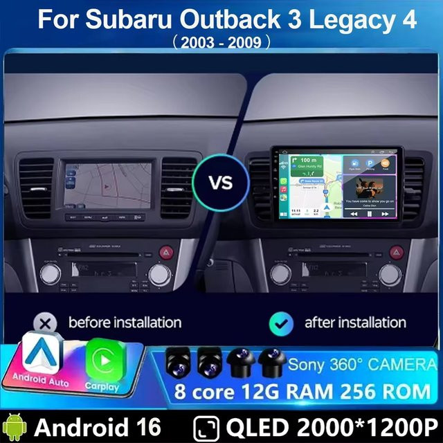 EOENKK QLED Android 16 Autoradio mit GPS-Navigation und Videoplayer für Subaru Outback 3 Legacy 4, Schwarz, 2Din - Bild 1