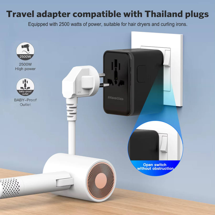 MeeGoo GaN Universal-Reiseadapter weltweit in Schwarz mit 2 Typ-C-Anschlüssen, 2 USB-Anschlüssen und 1 AC-Steckdose für EU, US, JP und AU - Bild 4