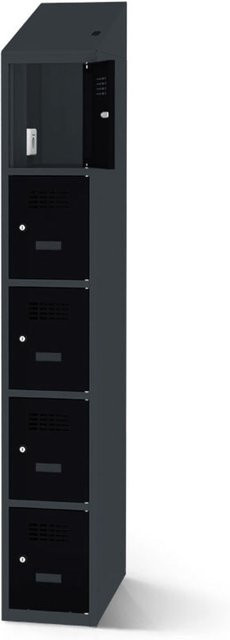rotstahl Fächerschrank mit 5 Fächern und Ladefunktion, anthrazitgrauer Korpus und schwarze Türen, B: 30 cm, H: 200 cm - Bild 1
