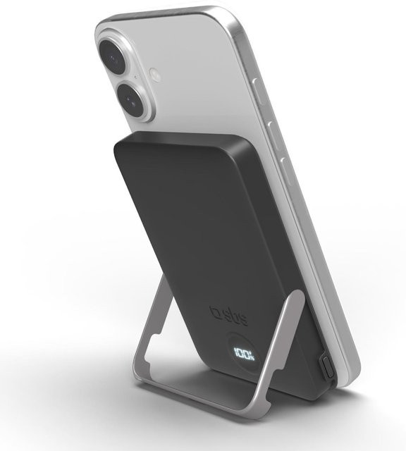 SBS Powerbank mit 5.000 mAh, kabellosem Laden und Standfuß, Schwarz - Bild 1