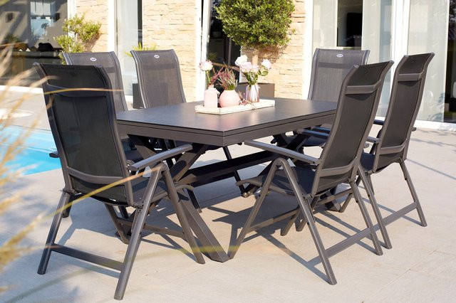 Hartman Xanadu Alice Garten-Essgruppe in Anthrazit mit 6 Klappstühlen aus Aluminium, Textilene und Glaskeramik, Tisch erweiterbar von Breite: 160 cm auf Breite: 220 cm, Tiefe: 100 cm - Bild 1