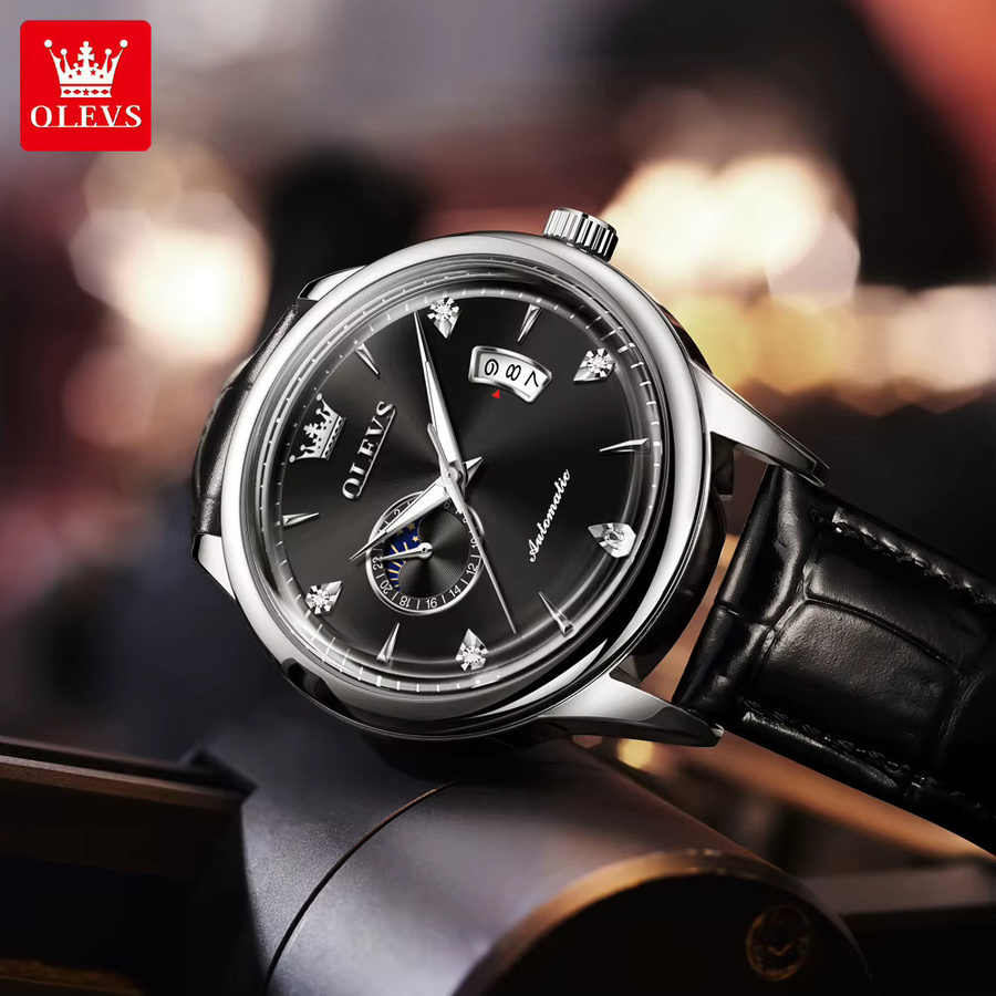 OLEVS Armbanduhr Automatik, Silber, Leder, Herren - Bild 3