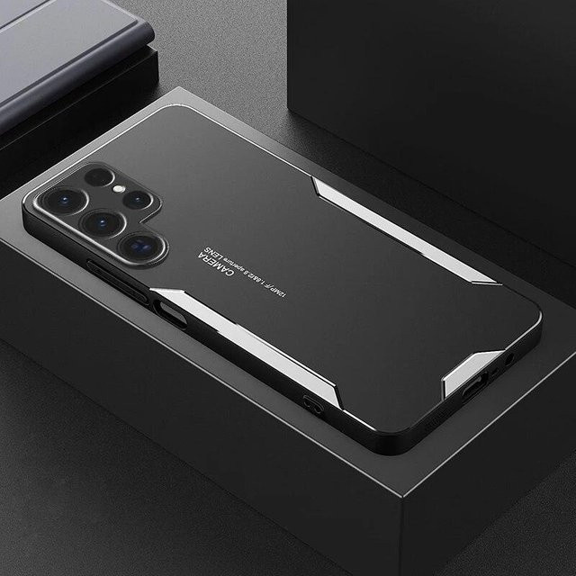Stoßfeste Handyhülle aus Aluminiumlegierung und Silikon für Samsung Galaxy S24 Ultra S23 Plus S21 FE Note 20 S20 Ultra mit Kameraschutz in Silber - Bild 1