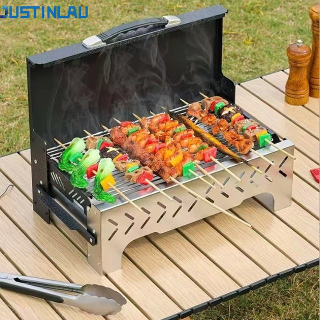 JUSTINLAU Tragbarer Holzkohlegrill aus Edelstahl und Stahl in Schwarz, winddichtes Grillwerkzeug-Set für Camping und Picknick - Bild 1