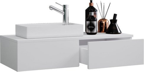 VCM Badmöbel Gudas 2-teiliger Gäste-Waschplatz in Weiß mit Waschbecken aus Keramik und Holzwerkstoff, Wandmontage