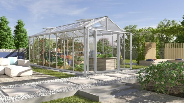 Vitavia Gewächshaus Zeus Comfort 15700 mit Satteldach, Farbe: Silber, Aluminium eloxiert, Fläche: 15,7 m², mit 3 mm ESG-Glas und 10 mm Polycarbonat-Verglasung sowie Doppelschwingtür - Bild 1