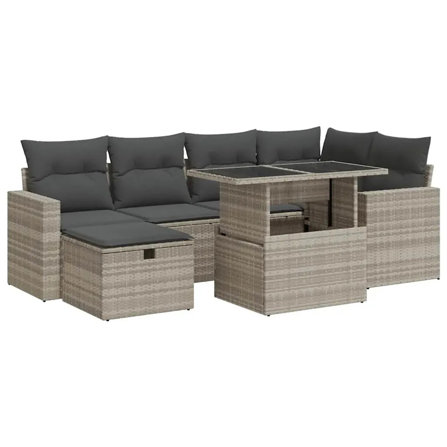 vidaXL 7-teilige Garten-Sofagarnitur in L-Form mit Kissen und Couchtisch, Hellgrau/Schwarz, Poly-Rattan und Metallrahmen - Bild 2