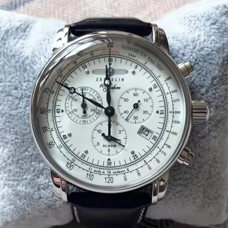 Zeppelin Armbanduhr, Quarz, Edelstahl, Leder, Weiß, Herren - Bild 5