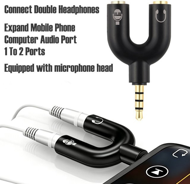 FRHY U-förmiger 3,5 mm Audio-Splitter-Adapter in Schwarz für Mikrofon und Kopfhörer, 1 Stecker auf 2 Buchsen für PC, Laptop, PS4 und iPhone - Bild 1
