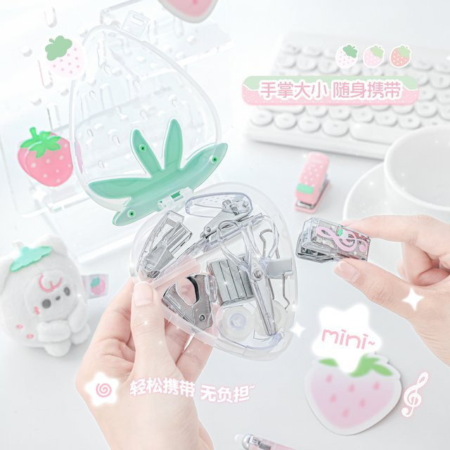 JIAMEI Strawberry Efficiency Series Kawaii Mini Hefter und Locher Set in Pink für Schule und Büro - Bild 1