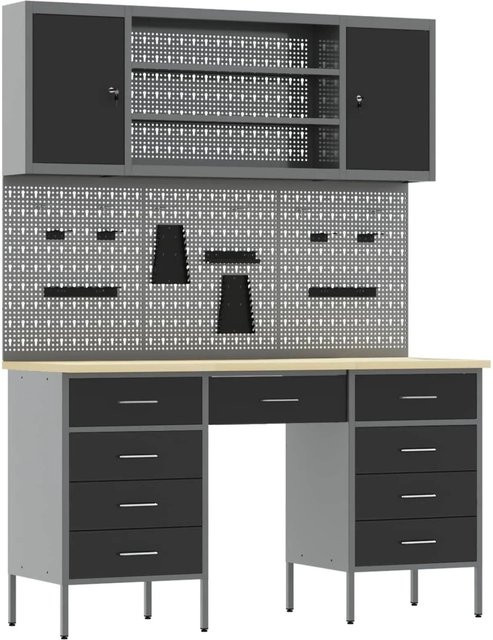 vidaXL Werkbank mit 8 Teilen und Schubladen in Schwarz aus Holz und Stahl mit Pegboard - Bild 1