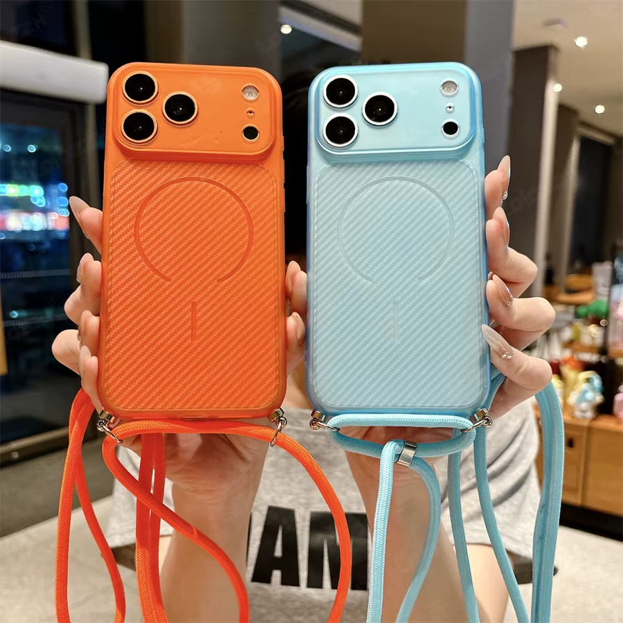 lolozzx Crossbody Lanyard Handyhülle mit Carbonfaser-Muster für iPhone 17 Pro Max 16 15 14 Plus 13 12 11 Air, MagSafe kompatibles weiches TPU Cover in Blau und Orange - Bild 2