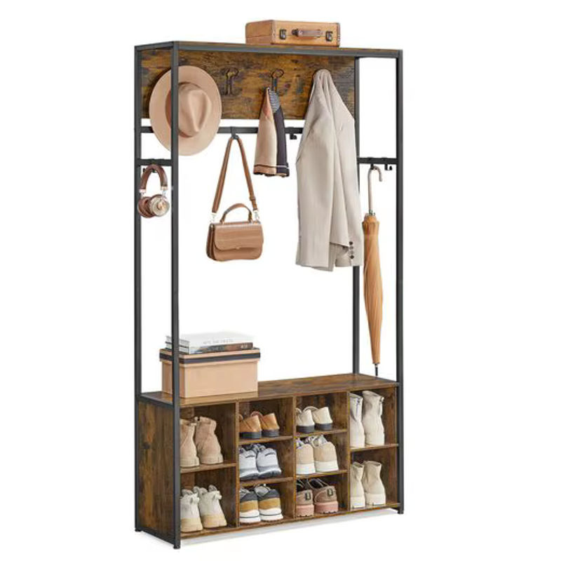 VASAGLE Garderobenständer im Industrial Design mit Schuhregal und Sitzbank, Farbe Schwarz-Braun, B/T/H: 100 x 32 x 180 cm - Bild 2