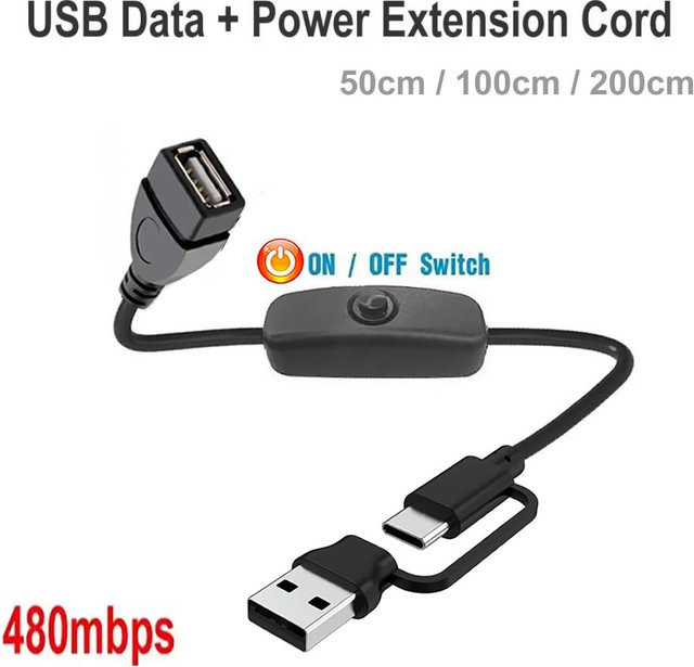 USB Typ-C auf USB 2.0 Verlängerungskabel mit Ein- und Ausschalter für Datenübertragung und Laden in Schwarz - Bild 1