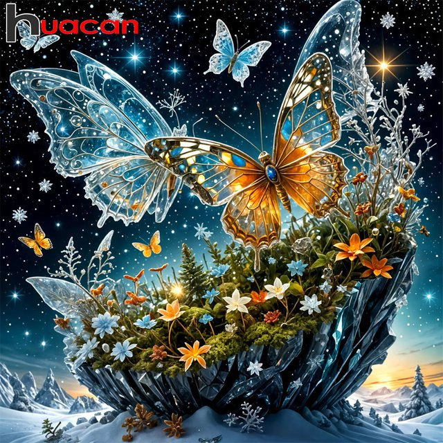 Huacan 5D-Diamantgemälde Schmetterling in Winterlandschaft als bunte Wanddekoration, B/H: 20 x 20 cm - Bild 1