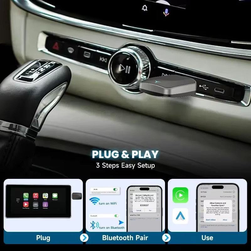 2-in-1 AI Box Mini Adapter für kabelloses CarPlay und Android Auto, WiFi Smart Dongle in Schwarz, kompatibel mit 99 % der Fahrzeuge - Bild 4