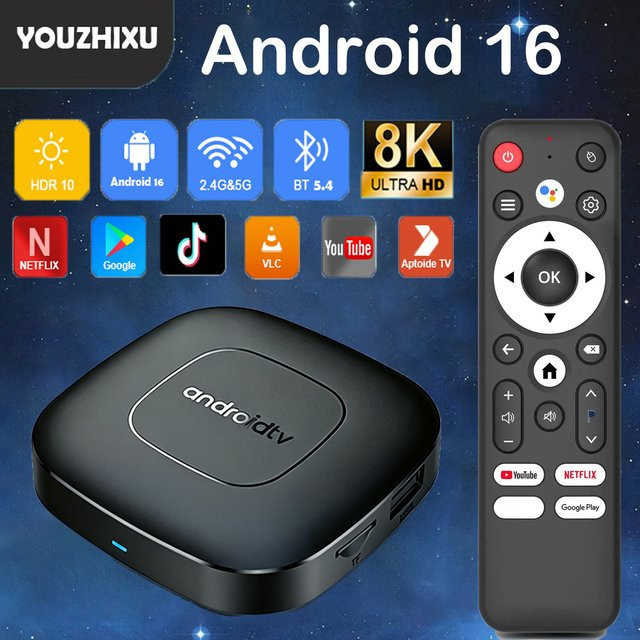 YOZHIXU Smart TV Box T1 Android 16 Media Streamer mit 8GB RAM und 128GB Speicher, 8K Video Unterstützung, Wifi 6, Bluetooth 6.0 und Google Assistant, Schwarz - Bild 1