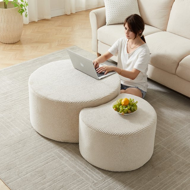 Anajqaqia 2-teiliges Couchtisch-Set, moderne runde gepolsterte Beistelltische in Beige für Wohnzimmer und Schlafzimmer - Bild 1