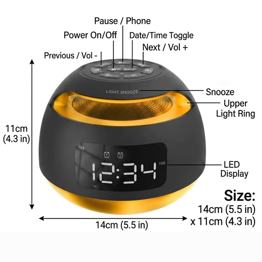 Niditon Bluetooth-Lautsprecher Wecker mit FM-Radio, farbigem Nachtlicht, USB- und TF-Karten-Wiedergabe sowie Zeit- und Wochenanzeige in Schwarz - Bild 5
