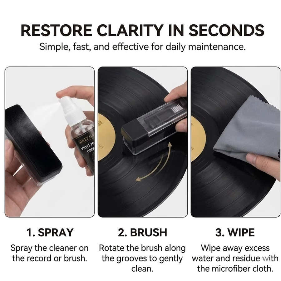 SIKEZHAN Professionelles Vinyl-Schallplatten-Reinigungsset mit 60ml Alkoholfreiem Spray, Antistatischer Samtbürste und Reinigungstuch für LP-Plattenspieler - Bild 5