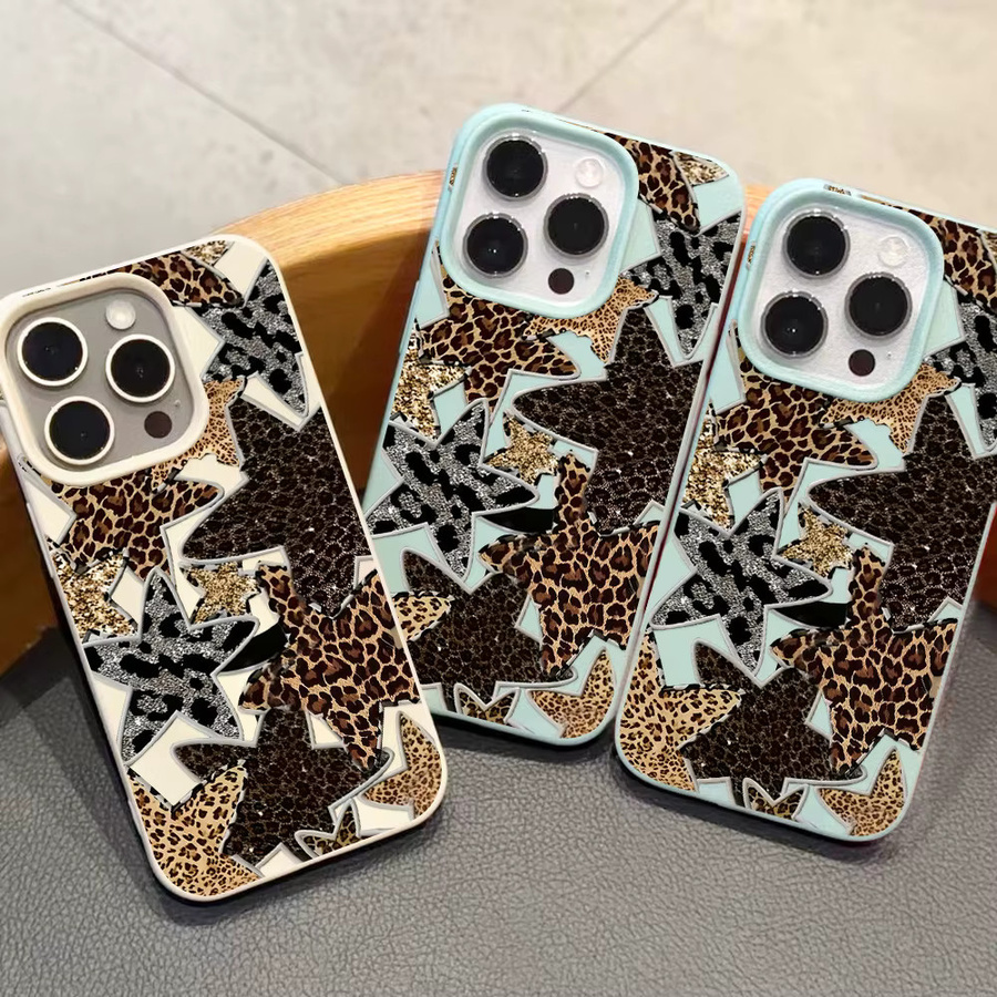 Handyhülle für Apple iPhone 12 bis 17 Pro Max und Air mit Leoparden-Print, Glitzer-Sternen und Patchwork-Textur in Schwarz und Multicolour - Bild 4