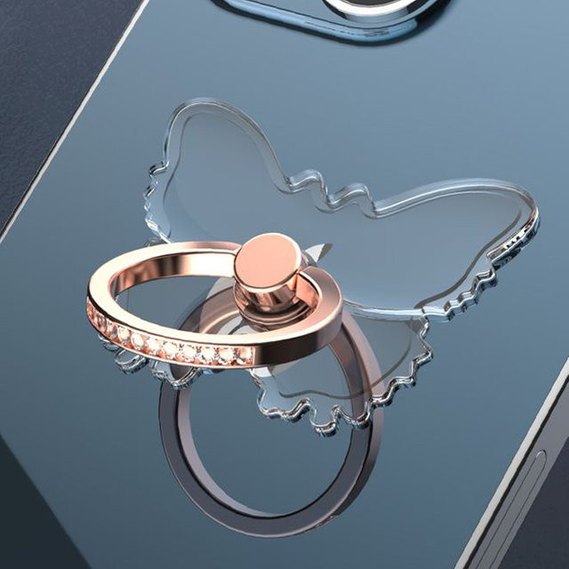 WSSHE Transparenter Luxus-Schmetterlings-Fingerring-Handyhalter für iPhone 15 in Transparent und Gold mit faltbarem Smartphone-Ständer und Aufkleber für Unisex - Bild 1