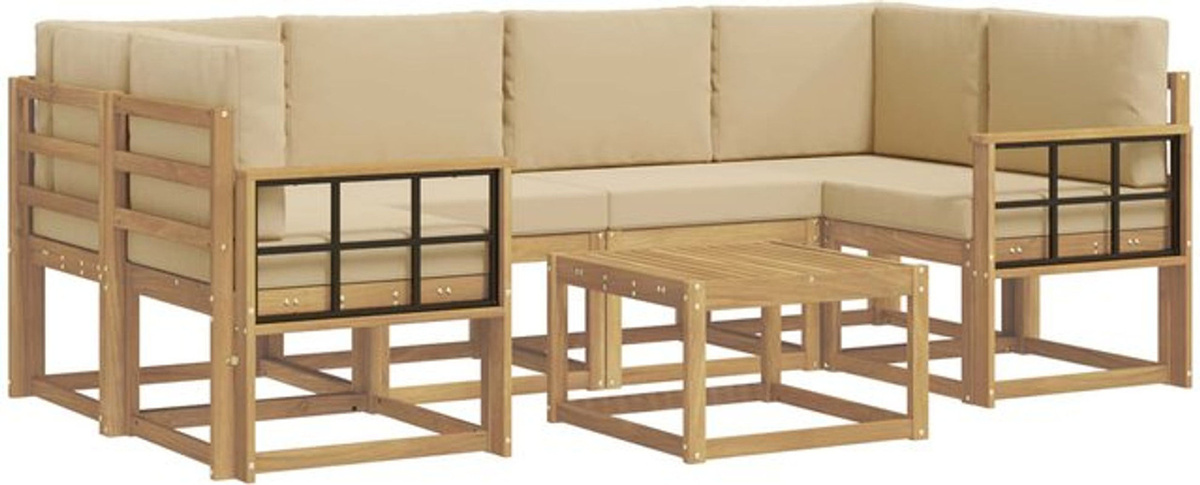 Modernes 7-teiliges Outdoor-Sofagarnitur Loungemöbel Set von vidaXL aus Akazie mit Kissen in Weiß und Beige - Bild 1