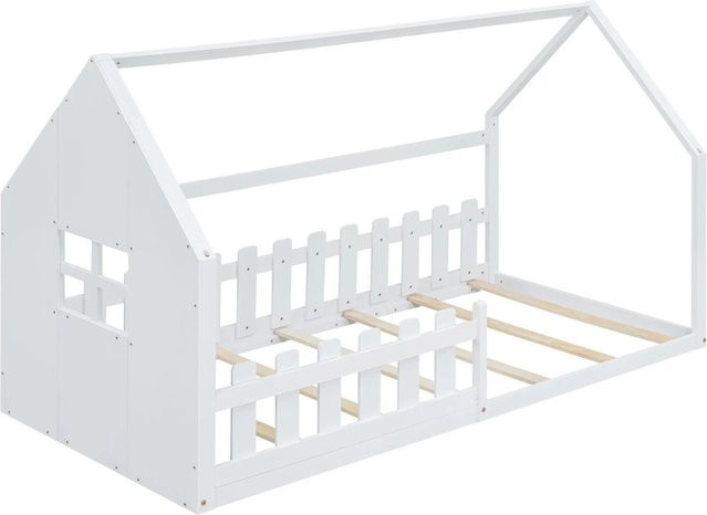 KOMHTOM Kinderbett Hausleiste in Weiß, Flachbett aus Kiefer und MDF, B/T/H: 90 x 200 x 140 cm - Bild 1