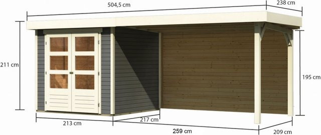 Gartenhaus KARIBU ASKOLA 2 aus nordischer Fichte in Terragrau mit Anbaudach und Rückwand, B: 213 cm, T: 217 cm, Wandstärke: 19 mm - Bild 1