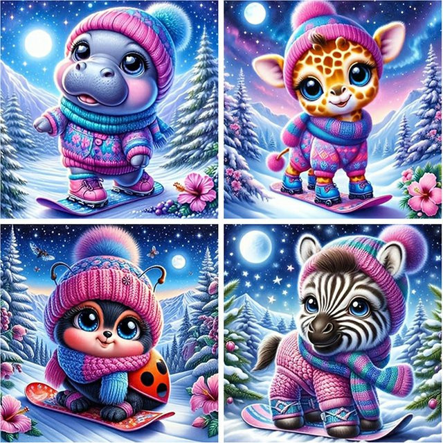 Evershine Diamant-Gemälde Set mit 4 runden Tier-Motiven Hirsch Zebra und Nilpferd in Multicolour als DIY-Bastelset für Kinder - Bild 1