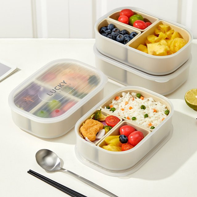WORTHBUY 3-Gitter-Mikrowellen-Lunchbox aus Kunststoff mit Trennfächern, stapelbar und abnehmbar, Farben: Grün und Beige - Bild 1