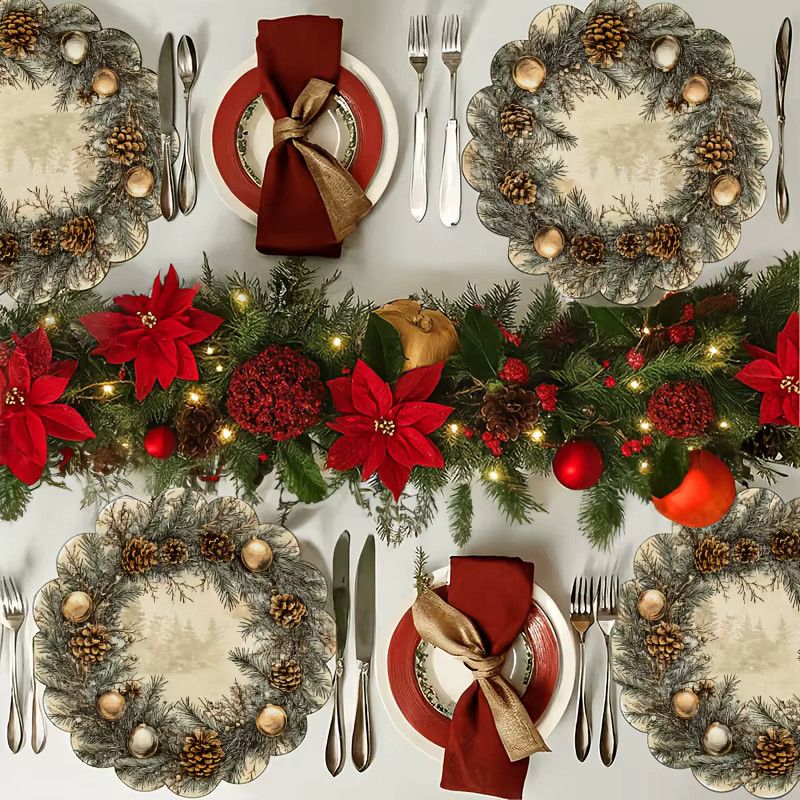 VIKAMA 4-teiliges Weihnachts-Tischset mit Kieferenzweig und gewellten Kanten für deine Tischdekoration - Bild 2