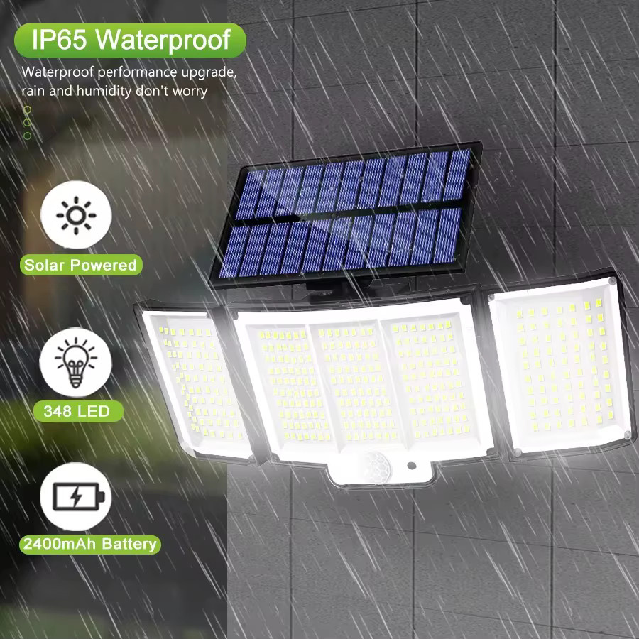 Solar-Außenleuchten mit 348 LED und Bewegungssensor, IP65 wasserdicht, weiße Sicherheitsleuchten mit Fernbedienung und 2400mAh Akku, verstellbare 3-Kopf-Flutlichtleuchten für den Garten - Bild 5