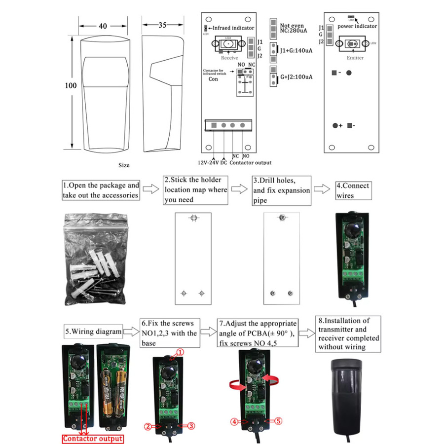 Scimagic-RC Infrarot-Fotoelektrischer Sensor für Zugangskontrolle und Torautomatisierung, 12m Reichweite, Schwarz, IP54, Batteriebetrieben - Bild 4