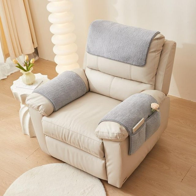 3-teiliges Set aus weichem Plüsch-Sesselbezug und Matte in Beige mit Aufbewahrungstaschen für Liegesofas und Sessel - Bild 1