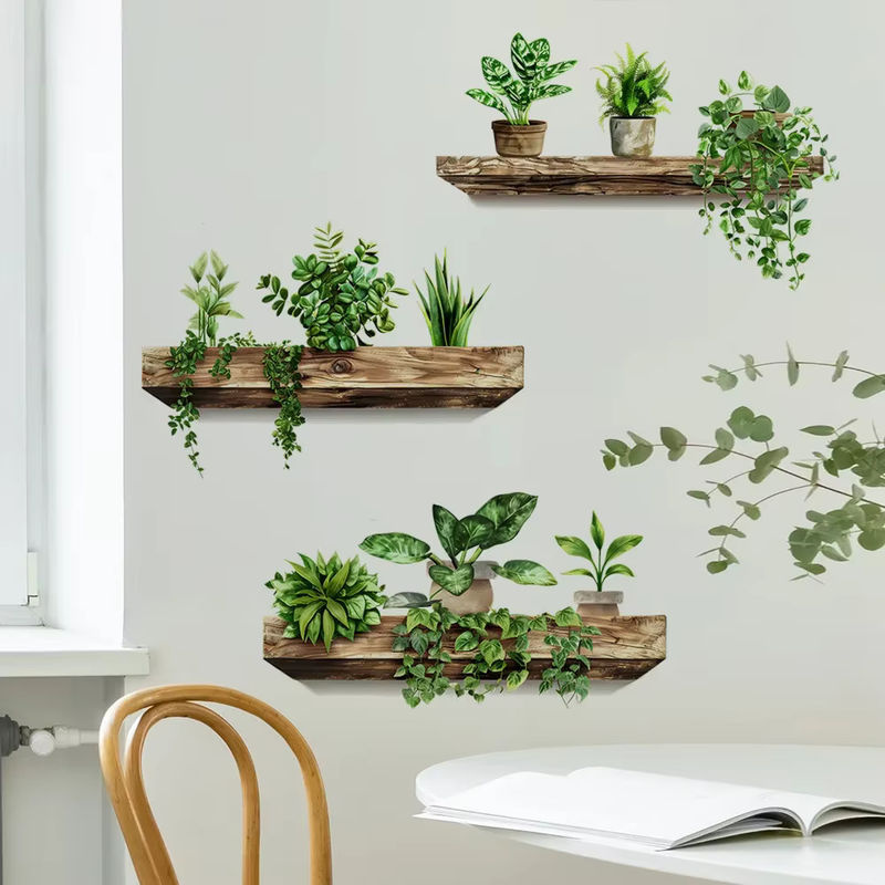 Selbstklebende Wandaufkleber für Topfpflanzen in Grün, abnehmbare DIY-Wandkunst im rustikalen Design - Bild 6
