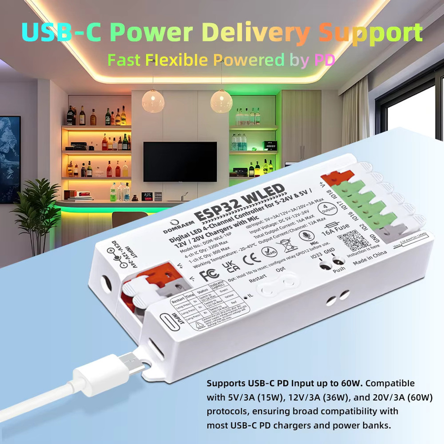 DOMRAEM ESP32 WLED Controller mit Sound Reactive Mic, 4 Ausgänge, 16A Sicherung, PD 5V/12V/20V DC 5-24V für WS281X SK6812 APA102 Pixel Licht, WiFi und USB, Schwarz oder Weiß - Bild 2