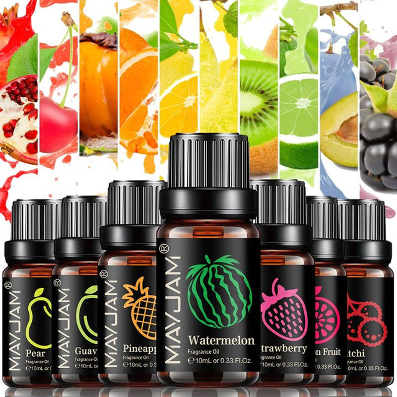 MAYJAM Fruchtduftöl Set in braunen Glasflaschen mit Erdbeere, Wassermelone, Mango, Kokosnuss und Kirsche für Luftbefeuchter, Kerzen und Seifenherstellung, 10 ml - Bild 1